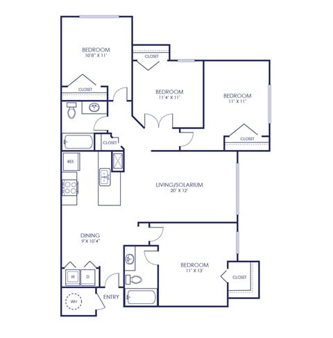 Floor plan for 4 beds, 2 baths, 1344 sqft